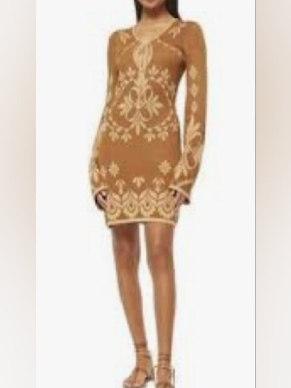 Misa Los Angeles Sahara Knit Floral Motif Mini Dress Bell Sleeve Brown Tan M NWT